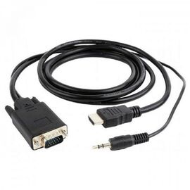  Конвертер HDMI-1.4a (папа) - D-SUB/VGA (папа) + Audio stereo (mini-jack 3.5 mm), встр. кабель 1,8 м, чёрный, позол. разъёмы, Cablexpert A-HDMI-VGA-03-6 